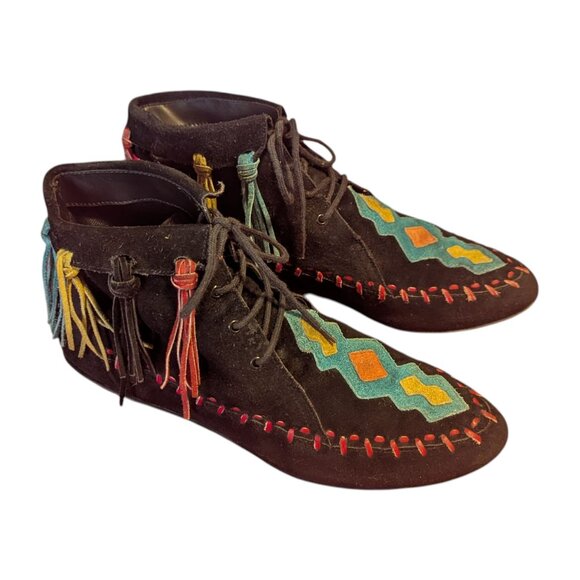 Suede Western Boot Vintage LJ Simone Moccasin Fringe Multicolor Boho Leather - Picture 2 of 9